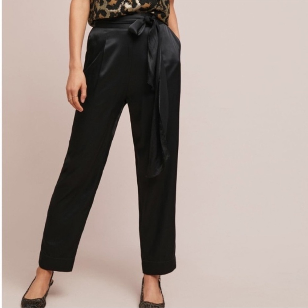 Anthropologie Ett:twa Sz 12 Black Satin Tie-Waist Tapered Trouser Pants